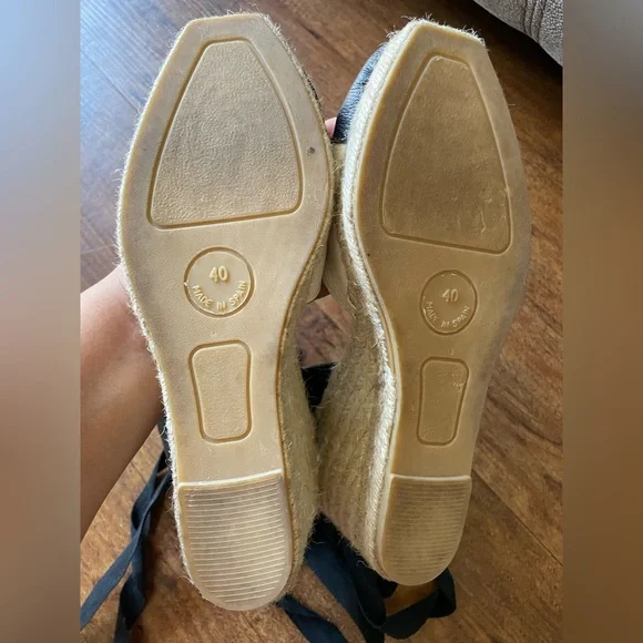 MAYPOL Made in Spain leather Wedge Espadrille Sandals Sz 9 M / 40 Black/Cream - Picture 2 of 4